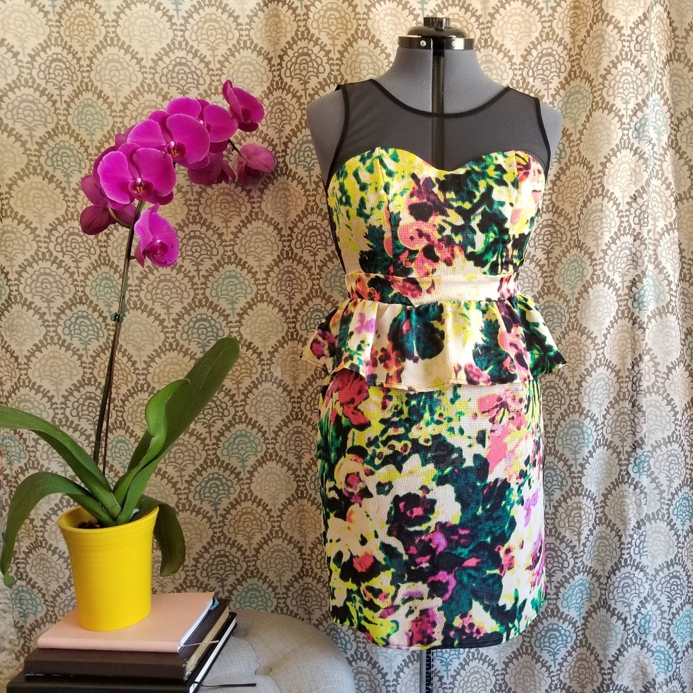 Love Fire Peplum Dress, Sheer Back, Size Medium